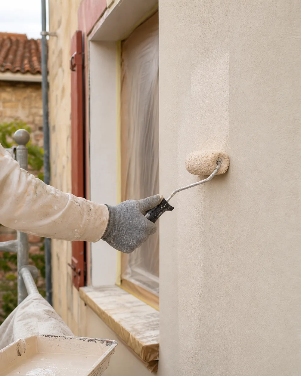 Professionnel appliquant une peinture sur une façade préparée