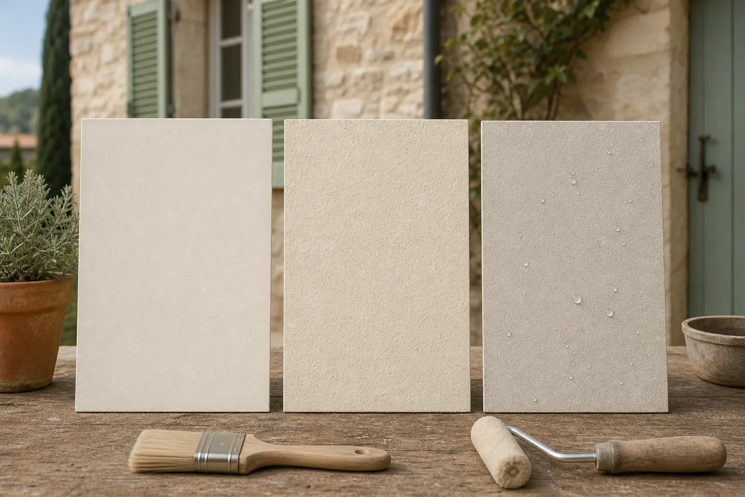 Trois échantillons de peintures de façade aux textures différentes